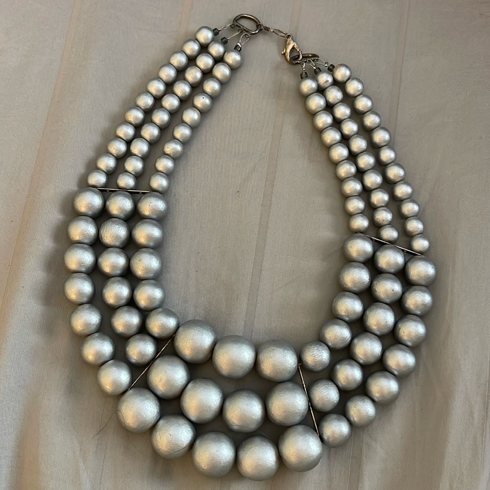 Vintage style 3 Strand Matte Silver Wooden Bead Necklace